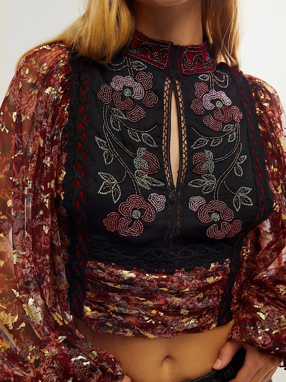 Free People Anthropologie Camille Beaded Crop Top